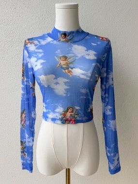 Mesh, Blue, Angel Print, Long-Sleeve Mock Neck, Crop Top, small, like new